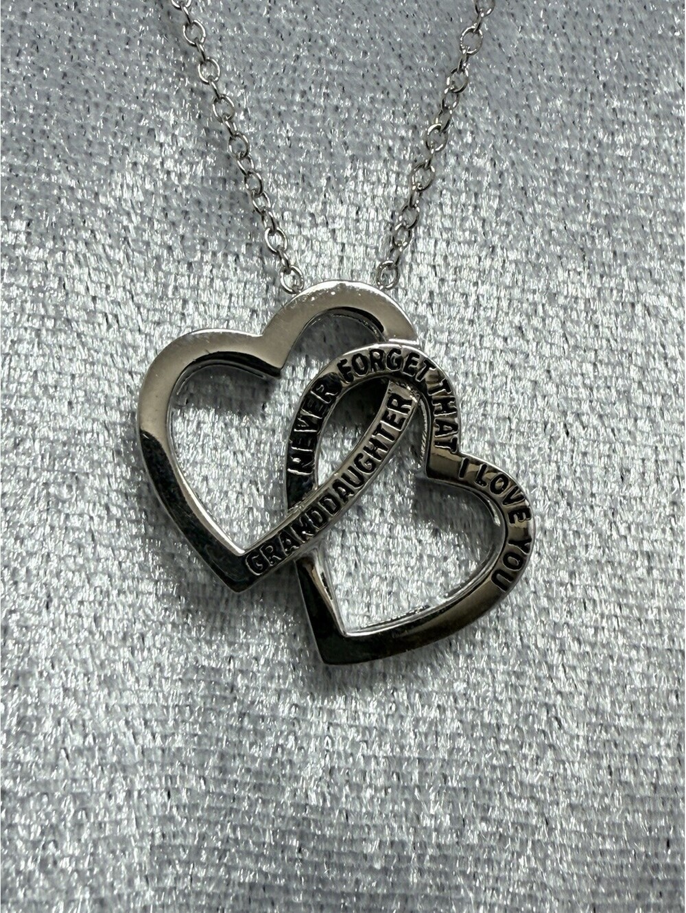Granddaughter Never Forget I Love You Necklace Silver Tone Double Heart Shape 3D